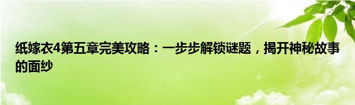 纸嫁衣4第五章完美攻略：一步步解锁谜题，揭开神秘故事的面纱